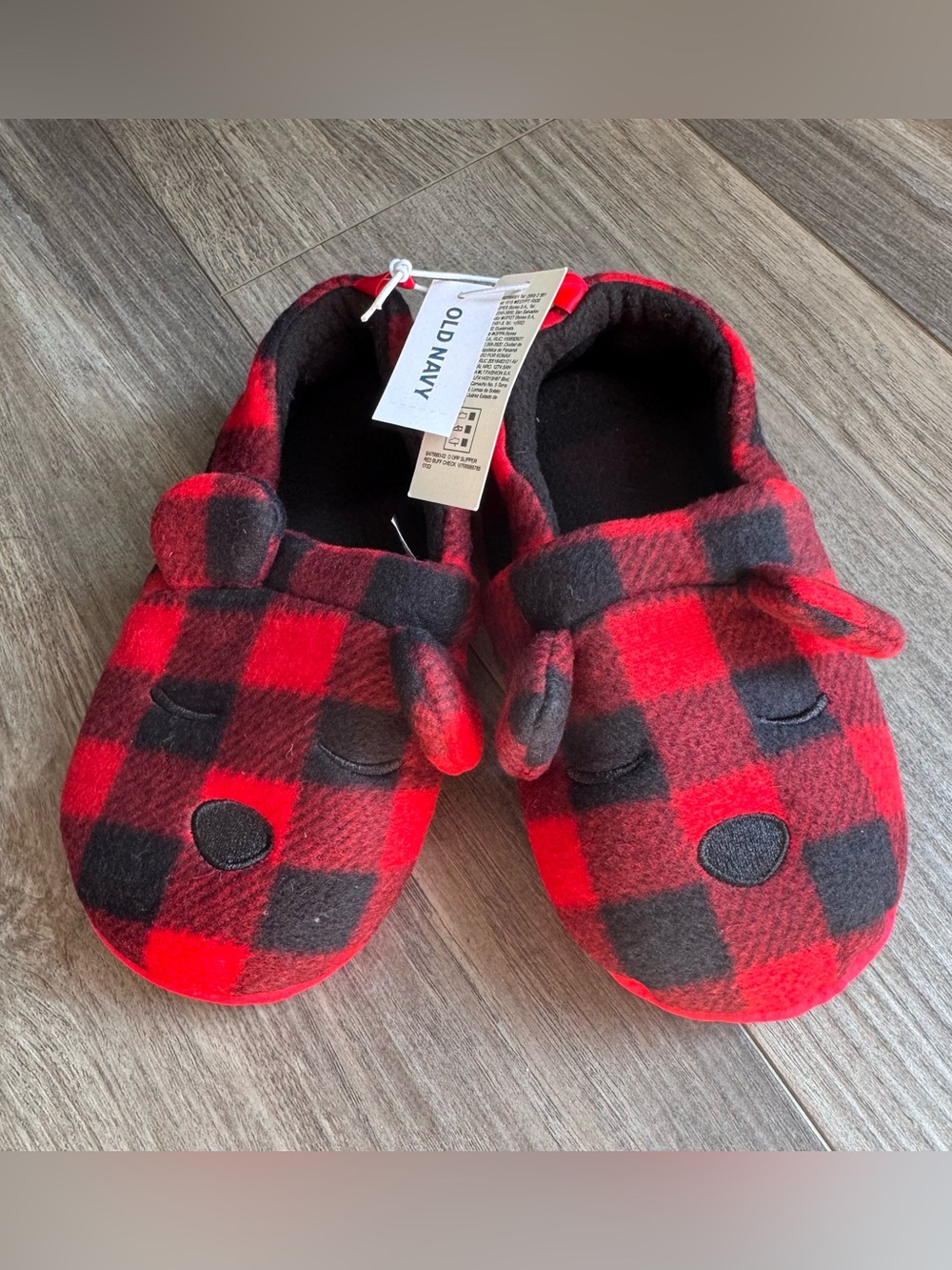NEW Old Navy Kids Red & Black Plaid Animal Accent Slip-On Slippers